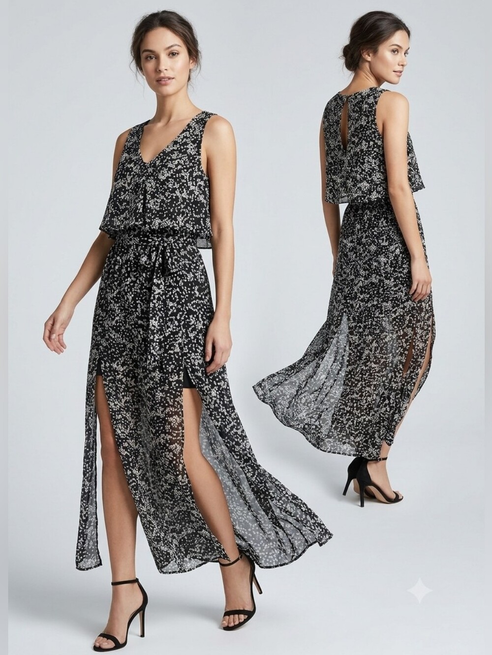 Walter Baker Chiffon Popover Sheer Maxi Dress Slits Abstract Dots Size 6